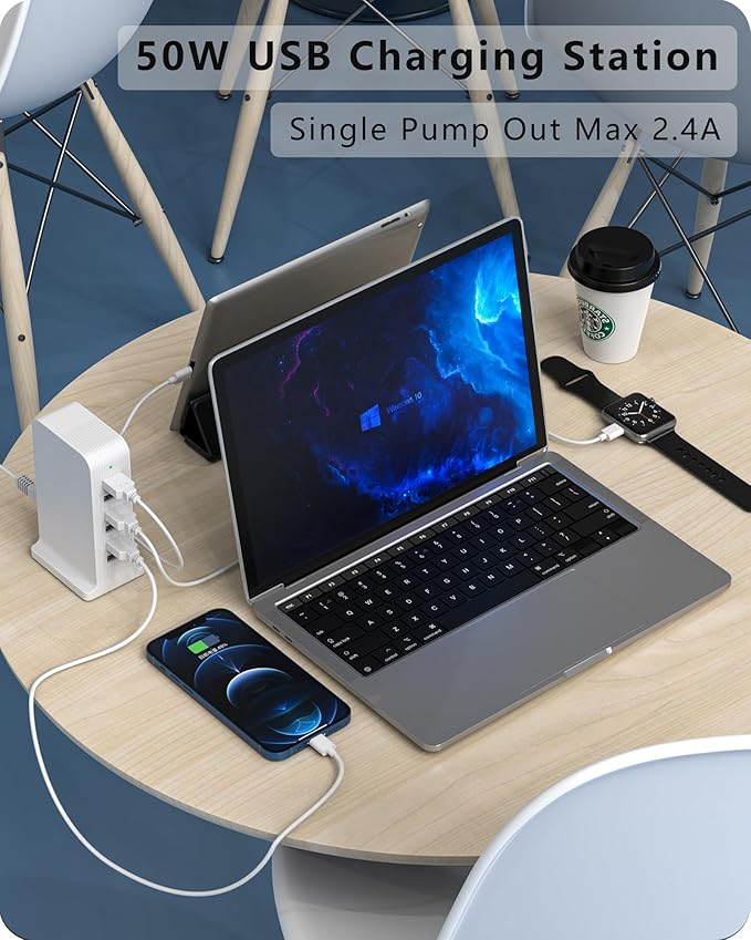 USB Charging Station - Multiport USB Charger Hub,6 Port Charger Tower for iPhone 15/14/13/12, iPad, Samsung Galaxy, Google Pixel,HTC, and Multiple Devices (white-50W)