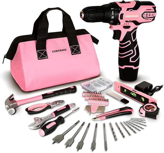 COMOWARE 12V Pink Cordless Drill Home Tool Kit, Pink Drill Set for Women, Lady's Home Repairing Tool Kit Hand Tool Set for DIY Large-Capacity Tool Storage Bag Included