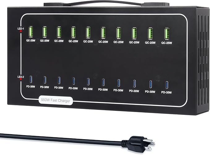 550W USB Charging Station, 20 Port Fast Charging Station for Multiple Devices, PD3.0/QC4.0 Multi-Protocol, Smart Power Delivery & Overload Protection for iPhone, iPad, Tablet, and More