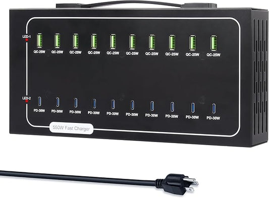 550W USB Charging Station, 20 Port Fast Charging Station for Multiple Devices, PD3.0/QC4.0 Multi-Protocol, Smart Power Delivery & Overload Protection for iPhone, iPad, Tablet, and More