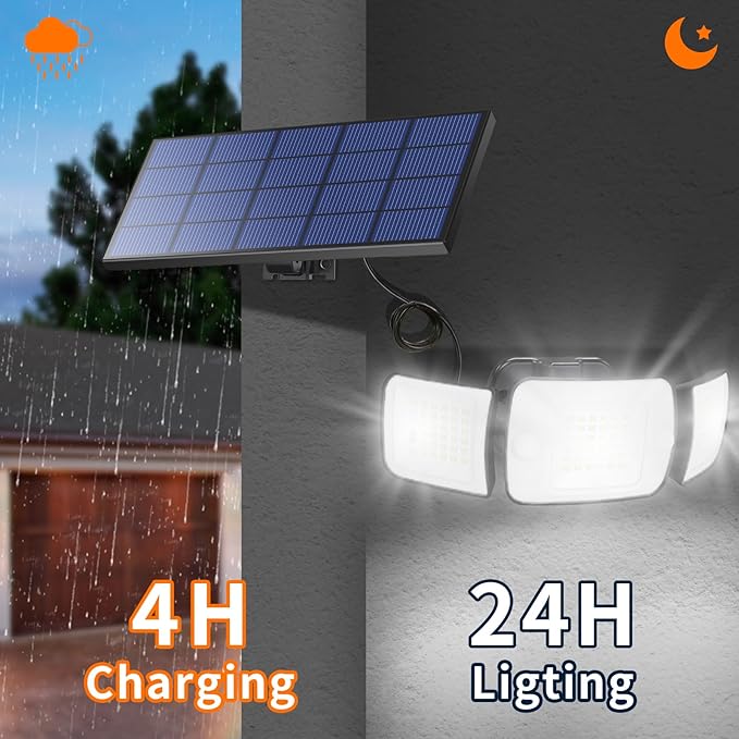 intelamp Solar Lights Outdoor, 3 Head Solar Motion Sensor Lights for Outside, lP65 Waterproof,Separate Panel with 9FT Cable Remote Control Flood Lights(2Pack)