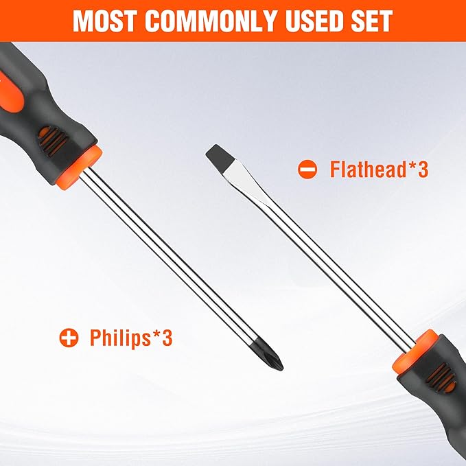 ValueMax 6-Piece Magnetic Screwdriver Set, 3 Phillips and 3 Flat Tip Screwdrivers, Non-slip Handle Screw Driver Set Kit