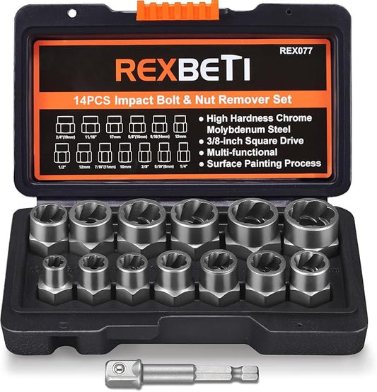 REXBETI Impact Bolt & Nut Remover Set, 13+1 Pieces Bolt Extractor Tool Set with Solid Storage Case