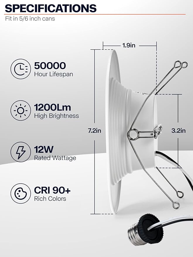 1 Pack 5/6 Inch LED Can Lights Retrofit Recessed Lighting, 5CCT 6 Inch Recessed Lights Selectable 2700K-6000K Dimmable, 12W=75W, 1200LM Downlight with Metal Smooth Trim-ETL and Energy Star Certified
