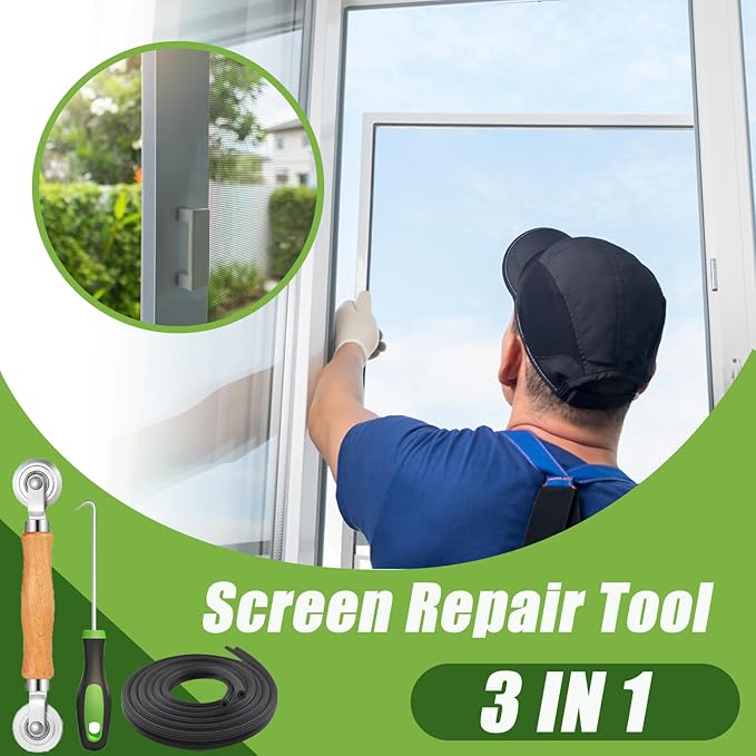Screen Repair Kit/Tool, King&Charles Screen Roller Tool, Steel Roller with Bear, 32 ft Spline, Removal Hook, 3 in 1 Window Repair Kit, for Installing Door Window Mesh.