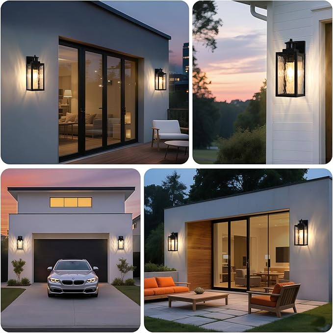 13.6" Motion Sensor Outdoor Wall Sconce Lantern, Exterior Waterproof Wall Lights Fixtures with Water-Rippled Glass, Black Outside Mount Lighting for House, Porch, Garage, Patio, Bulbs Not Included