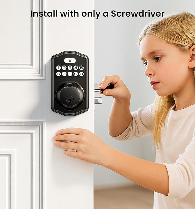 Veise Fingerprint Door Lock, Keyless Entry, Auto Lock, Electronic Keypad Deadbolt for Front Door, Biometric, Anti-Peeking Password, Easy Install, Matte Black