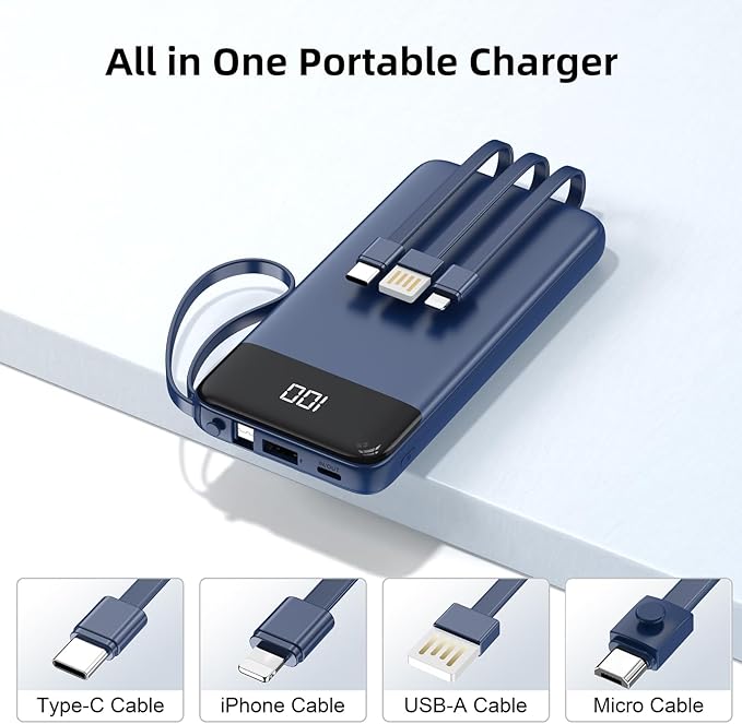Portable Charger 10000mAh Power Bank with Built-in Cable, 5 Output 2 Input Travel Essential External Battery Pack with LED Display Compatible with iPhone 16/15 Samsung S22 Android,etc