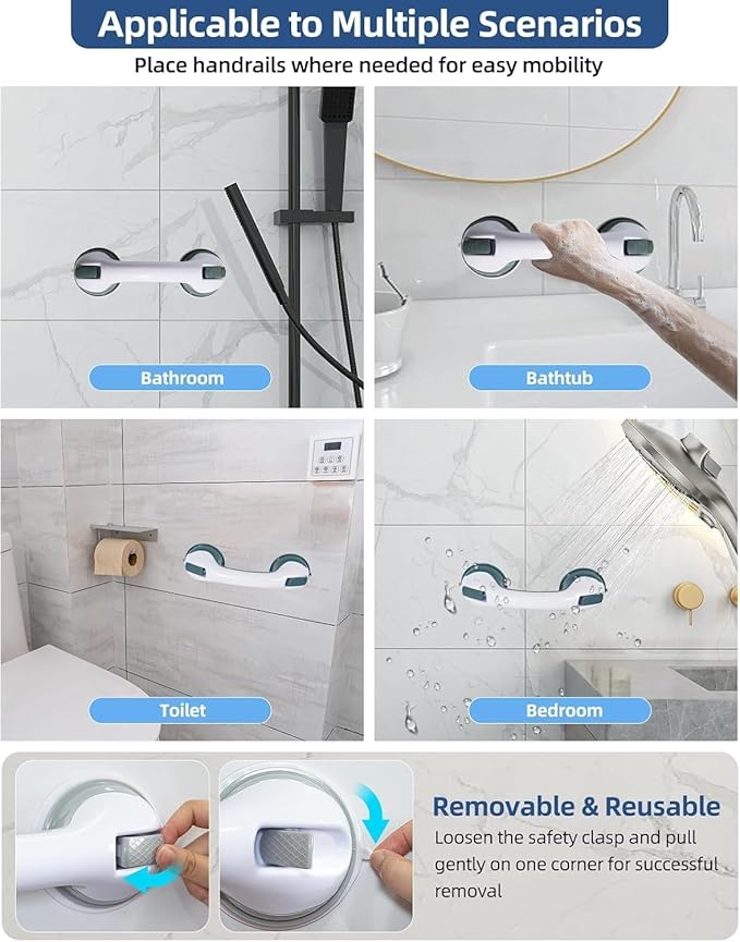 1 Pack 15.23” Grab Bars for Bathtubs and Showers, Shower Handles for Elderly Suction Cup Grab Bars for Shower Wall Heavy Duty, Safety Grab Bar for Seniors Suction Bathroom, No Drilling Waterproof
