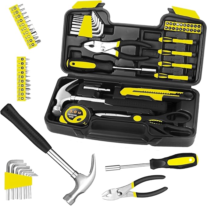 39 Piece Tool Set General Household Tool Kit - Basic Home Tool Set Small Hand Tool Kit with Plastic Toolbox Storage Case for Home Garage Office College Dormitory Use Yellow