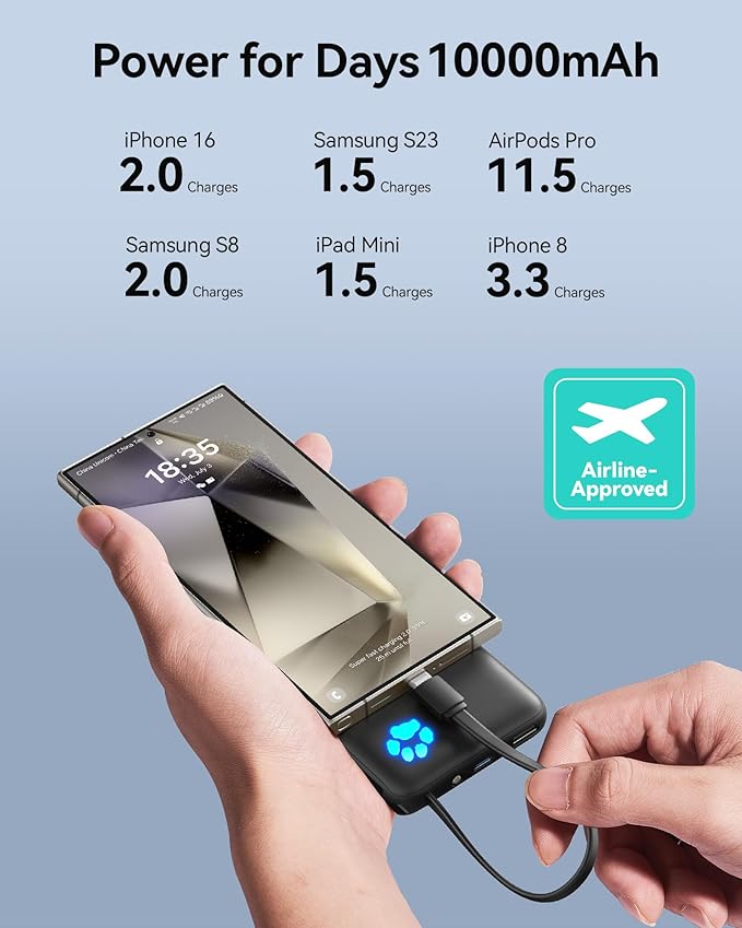 INIU Portable Charger, Slim 10000mAh Power Bank with Build in USB-C Cable, 20W Fast Charging Small Phone Charger, Flight Cruise Ship Trip Accessories Essentials for College Student Teen Boy Girl, Blue