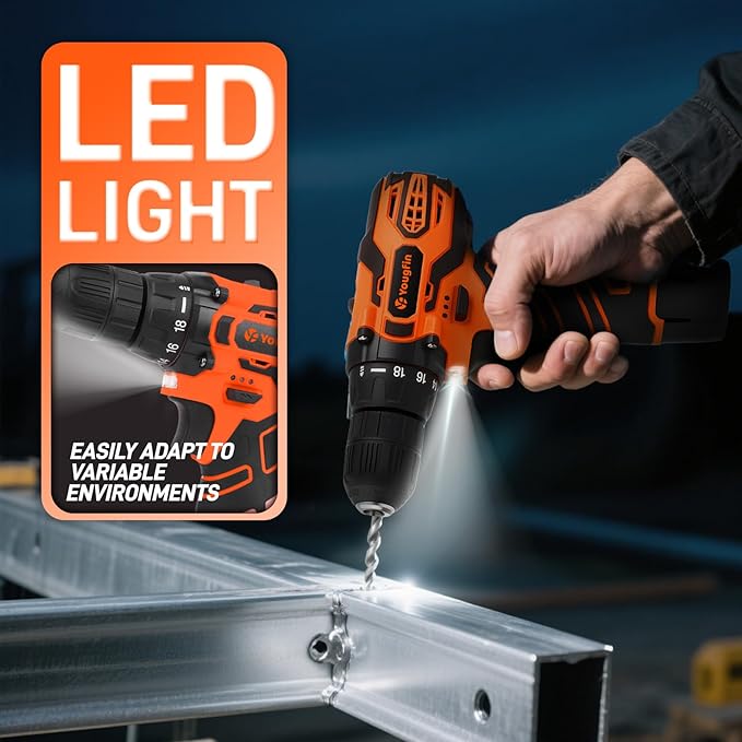 YOUGFIN Tool Kit with Drill 12V, Home Tool Set with Cordless Drill for Men, Power Drill Tool Box with 195 Pieces Household Hand Tools for Office (with 2.0Ah Battery & Charger)