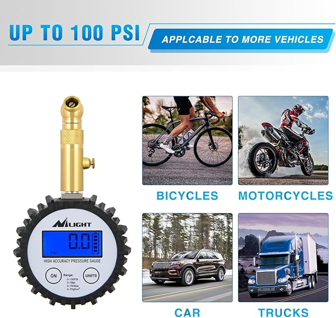 Nilight Digital Tire Pressure Gauge 100PSI Heavy Duty Stainless Steel Air Chucks ANSI 2A Certified Large Dial Wheel Service Checker for Truck Semi Truck ATV Motorhome Cars & RV Accessories