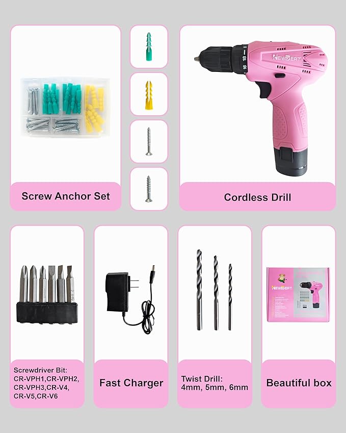 NEWBEAT Cordless Drill Set, 12V Power Drill Driver with 2 Battery and Charger, Pink Electric Drill Power Tool for Women