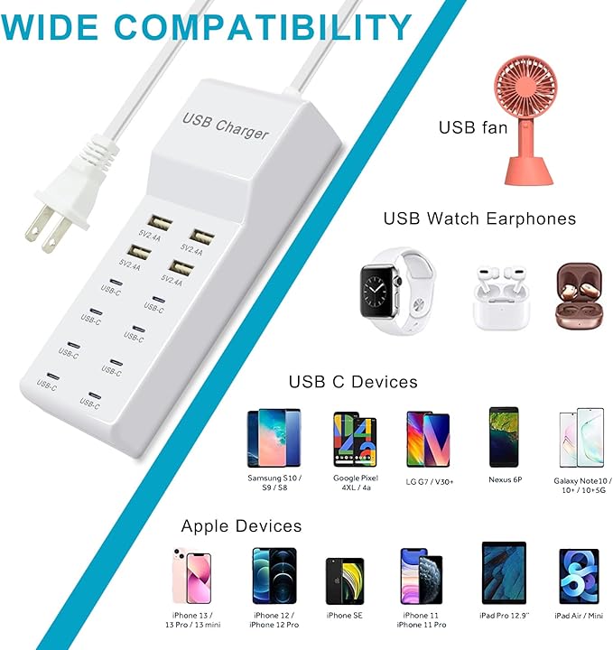 USB Charger, 12-Port USB Charging Station (4 USB-A Ports and 8 USB-C Ports) Multiple USB Charger Station Compatible with iPhone 15/14/13/13pro max 12/12/12 Mini/12Pro/12Pro, Tablet PC, Smartphone
