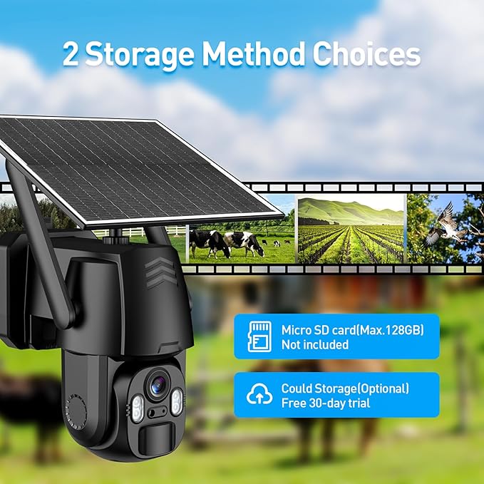 4G LTE Cellular Camera, 2K 360° Solar Camera Outdoor, Built-in SIM Card, Full Color Night Vision, AI Human Detection, IP65 Waterproof, APP Remote Access