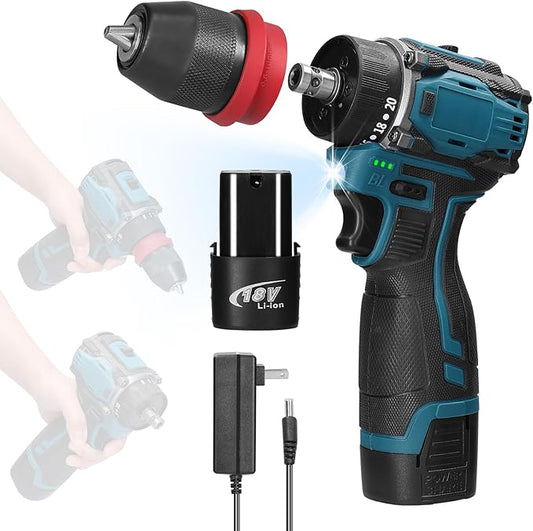 18V 2in1 Lithium Drill, Electric Screwdriver 45Nm Torque Brushless Motor Screw Driver with 2pcs Chargeable Battery Power Tool for Home Furniture Installation Automotive Electronics Repairing