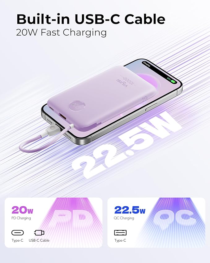 Slim Portable Charger 10000mAh, Travel Power Bank with Built-in USB-C Cable & LED Display, 22.5W Fast Charging Battery Pack Compatible with iPhone 16 15 Samsung S24 S23 -Purple