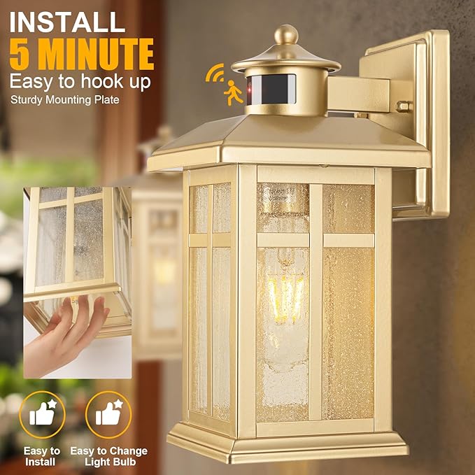 Modern Motion Sensor Outdoor Light Fixture, Gold Waterproof Dusk to Dawn Exterior Light for House, Garage, Garden