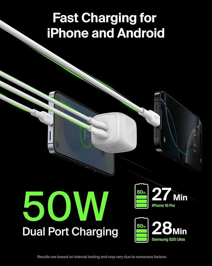 Belkin 2-Port USB C Charger Block 50W, Dual-Port GaN Charger w/ 2X USB C Ports & Included 1M C-C Cable, Fast Charging for MacBook, iPhone, iPad, Chromebook, Galaxy, Pixel - Travel Essentials - White