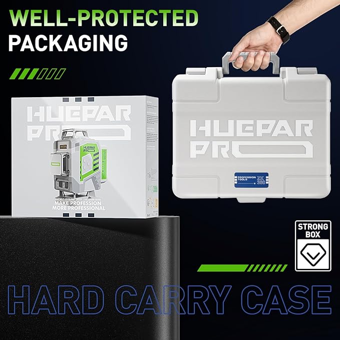 HueparPro Laser Level 3 x 360 Self Leveling Green Beam Laser Tool, High Accuracy Professional 3D Cross Line Laser with 8000mAh Rechargeable Li-ion Battery, Magnetic Bracket & Hard Carry Case ZK03CG