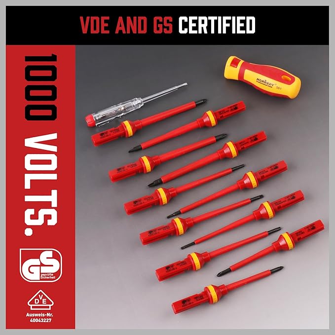 1000V Insulated Electrician Screwdriver Set - 13-Piece Professional Electrical Screwdriver Set Insulation Handle CRV Steel Magnetic Phillips Slotted Pozi Torx Tips VDE & GS Certified