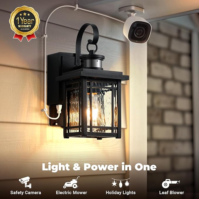 Outdoor Porch Light with GFCI Outlet, Motion Sensor Outdoor Light Fixtures Wall Mount, Black Exterior Wall Sconce Lantern with Ripple Glass, Anti-Rust Coach Lights for Garage, Patio, Front Door
