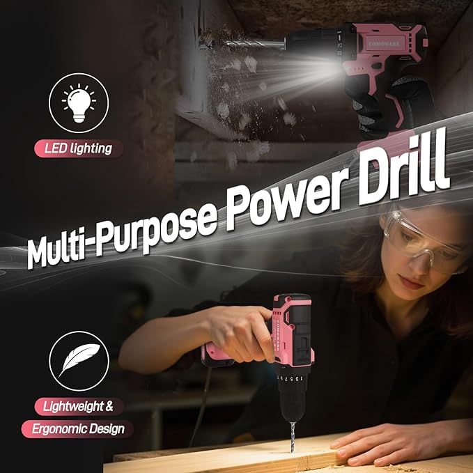 COMOWARE Pink Tool Box with 20V Drill, 120 Pcs Pink Tool Set, Tool Kit for Home, Pink Drill Set for Women, Power Tool Combo Kits with 2.0 Ah Li-ion Battery & Charger, 25+1 Clutch