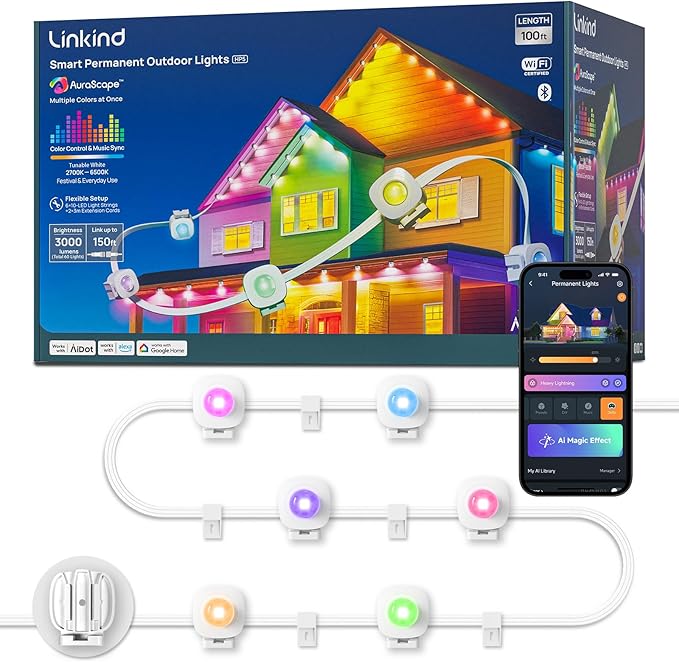 Linkind Permanent Outdoor Lights HP5,100ft Smart AI RGBTW Christmas Lights, 85 Scenes Modes for Daily Holiday Christmas Decorations,IP67 Waterproof, Works with Alexa,Google Assistant