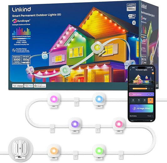 Linkind Permanent Outdoor Lights HP5,100ft Smart AI RGBTW Christmas Lights, 85 Scenes Modes for Daily Holiday Christmas Decorations,IP67 Waterproof, Works with Alexa,Google Assistant