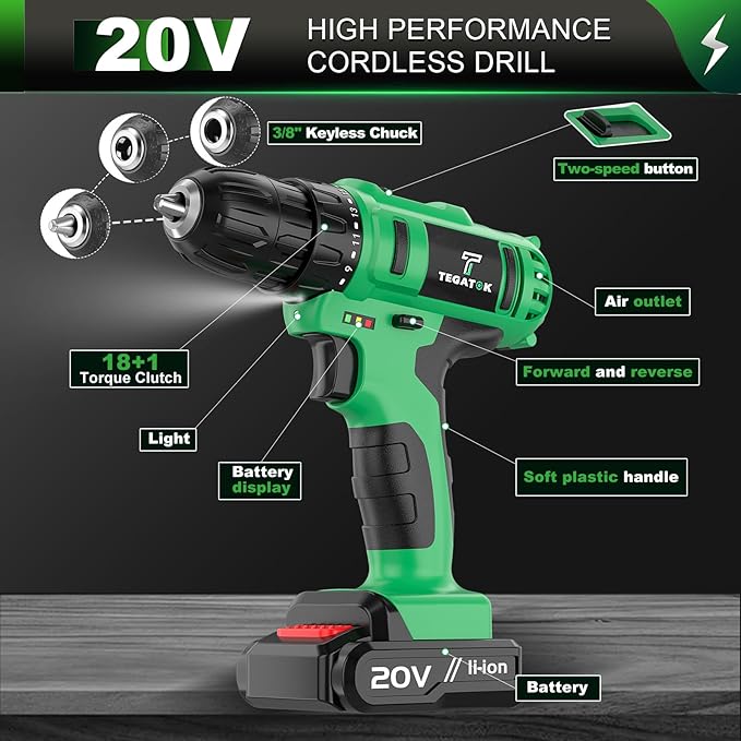 20V Cordless Drill Set, 3/8 Drills Handheld Drill Kit with 18+1 Torque Setting, LED Electric Power Drills Set with Battery and Charger, Electric Screwdriver Tools Kit, 2 Batteries