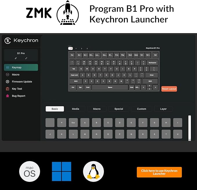 Keychron B1 Pro Ultra-Slim ZMK/Launcher Wireless Bluetooth 2.4 GHz/Wired Connection Keyboard for Mac Windows Linux - White