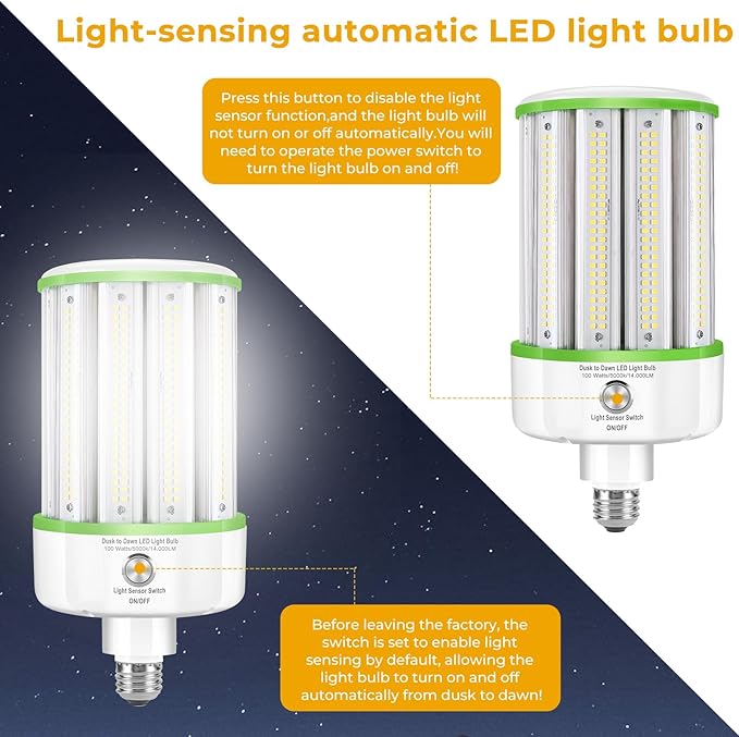 2 Pack Dusk to Dawn LED Corn Light Bulbs 100W(Equivalent 1000W), E26/E39 Base, 14,000LM 5000K Daylight, Auto On/Off Photocell Sensor, Outdoor LED Light Bulbs for Porch Garage Yard Security