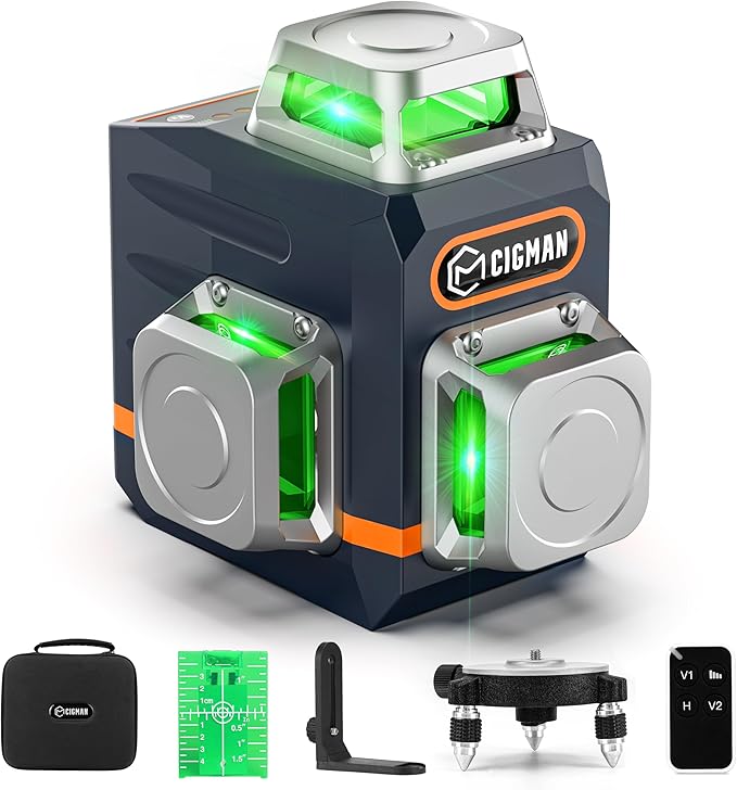 CIGMAN Laser Level Self Leveling 3x360° 3D Green Cross Line for Construction and Picture Hanging, Rechargeable battery, Remote Controller, Magnetic Rotating Stand Included