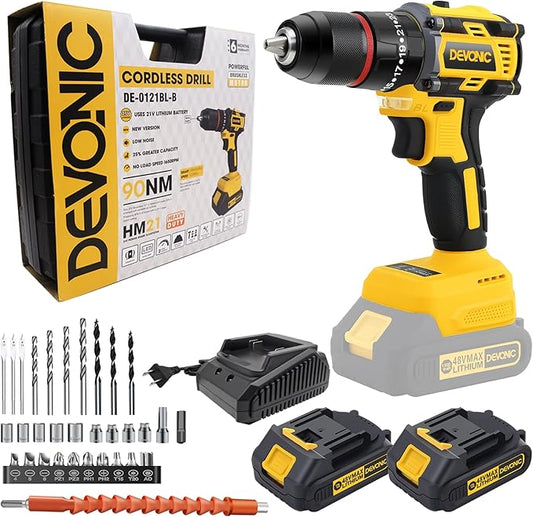 DEVONIC 21V Brushless Cordless Drill, 2 Battery and Fast Charger,1/2 Inch Keyless Chuck Torque 450 In-lb,2 Variable Speed 23+3 Clutch with Impact