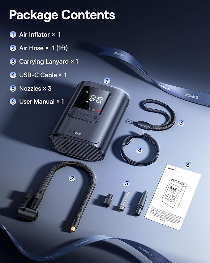 Baseus Tire Inflator Portable Air Compressor, 150PSI Cordless Air Pump for Car Tires, 2X Faster Electric Inflator with 7500 mAh Battery Capacity, LED Light Car Motorcycle Bicycle Ball, Car Accessories