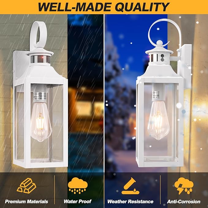 White Motion Sensor Outdoor Light, 16" Dusk to Dawn Outdoor Lighting, Exterior Wall Sconce Waterproof, Large Outside Lamps for House, Modern Wall Mount Porch Lanterns 3 Modes