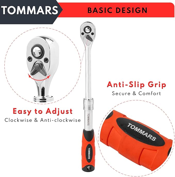 TOMMARS Extendable Ratchet Wrench Set, 1/4" 3/8" 1/2" Drive 72-Tooth Quick-release Retractable Socket Wrench Reversible