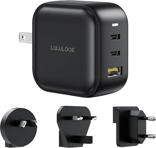LULULOOK 65W USB C Charger, 3-Port GaN Fast Charger Block, USB Type C Wall Adapter Travel Charger for MacBook Pro/Air, iPad Pro, iPhone 16, Galaxy S24, Surface Laptop, Dell XPS, UK/EU/AU Plug Included