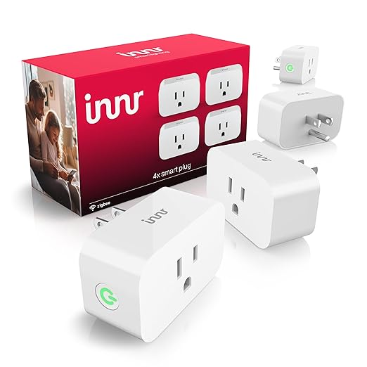 Innr Zigbee Smart Plug, Works with Philips Hue*, Alexa and SmartThings, Zigbee Repeater, Energy Monitoring, 4-Pack
