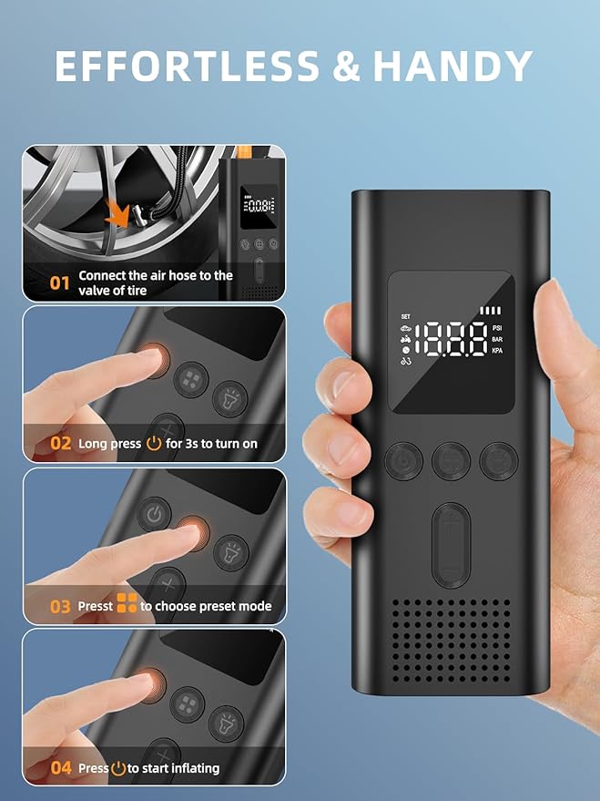 AIRSURE Tire Inflator Portable Air Compressor, 150 PSI Fast Inflation Cordless Air Pump with LED Light, Auto Shut-Off, Rechargeable Battery for Car, Motorcycle, Bike, and Sports Balls