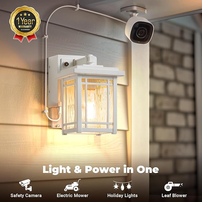 Porch Light with GFCI Outlet, White Dusk to Dawn Light Fixture, Outdoor Wall Light Wall Mount, Waterproof Exterior Wall Sconce Outside Lantern, 100% Aluminum Outdoor Garage Lights for Coach