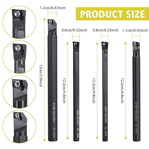 14 Pcs Indexable Lathe Turning Tool Set,4 Pcs Lathe Turning Tool Holder S07K/S08K/S10K/S12M-SCLCR06 and 10Pcs CCM21.51/CCMT060204 Carbide Inserts