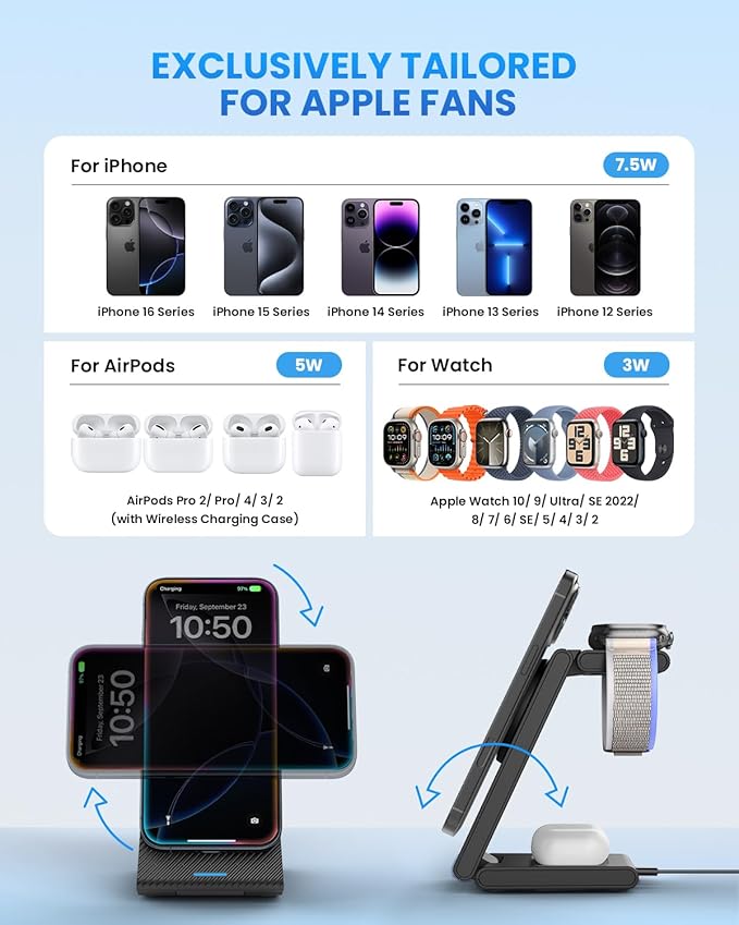 Wireless Charger Magnetic for Apple Devices - JoyGeek 3 in 1 Foldable Charging Station for Magsafe Compatible with iPhone 16 15 14 13 12 Pro Max Plus, Apple Watch 10 9 8 7 6 5 4 SE, AirPods 4/3/2/Pro