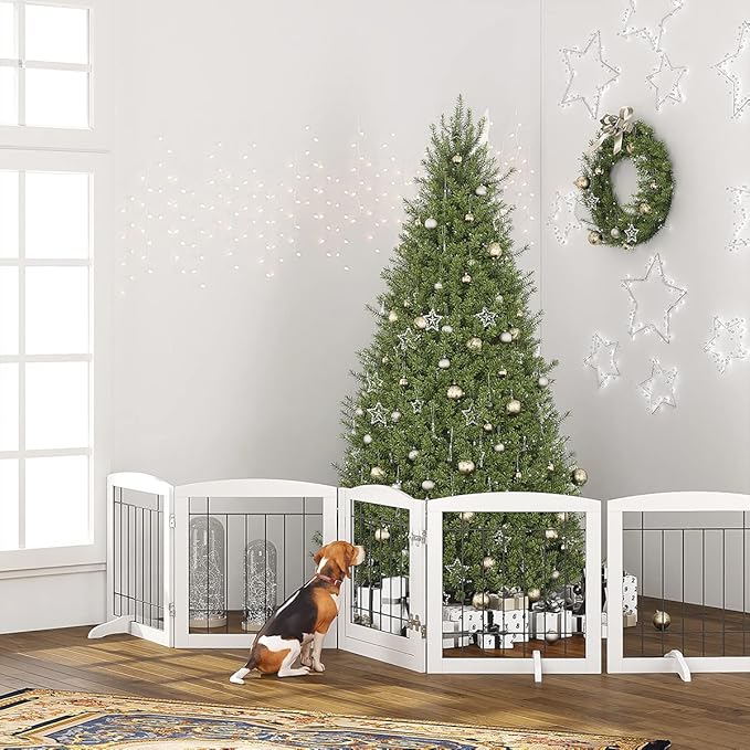 PAWLAND Freestanding Dog gate with Walk Through Door, Dog Gates for Doorways, The House, Stairs, 80" Wide Pet Puppy Safety Fence with Support Feet, 4 Panels, White