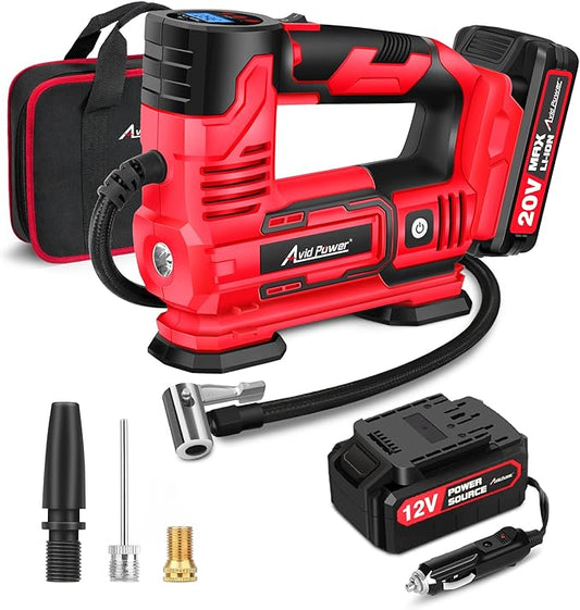 AVID POWER Tire Inflator Portable Air Compressor, 20V Cordless Car Pump w/Rechargeable Li-ion Battery, 12V Car Power Adapter, Digital Pressure Gauge, 150PSI Tire Compressor for Many Inflatables