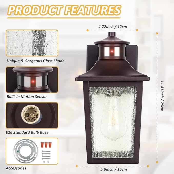 Oil Rubbed Bronze Motion Sensor Outdoor Lights - Dusk to Dawn Outdoor Lighting, Brown Exterior Garage Light Fixture, Waterproof Porch Light Coach Outside Wall Mount for House, Front Door, Anti-Rust