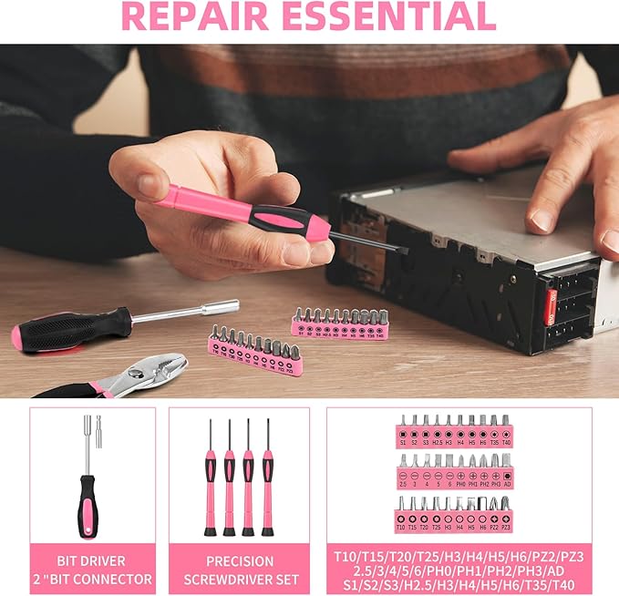 144-Piece Pink Tool Kit Basic Home Repair Tool Set General Household Hand Tool Kit Small Tool Kit with Plastic Toolbox Mini Tool kit for Women, Office & College Repairs