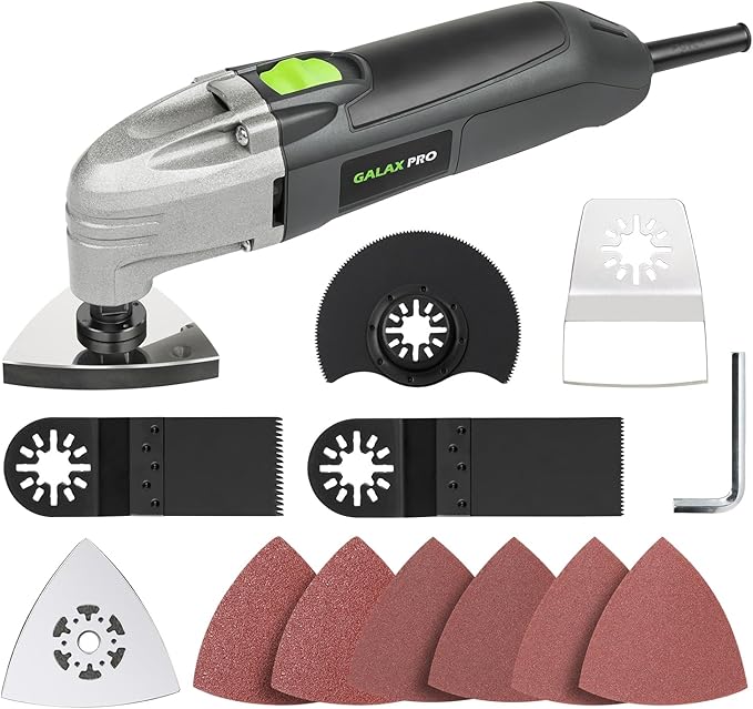 GALAX PRO 22000 OPM 2.0A Oscillating Multi Tool, 3 Degree Oscillating Angle with 3 Pieces Saw Blades, 1 Piece Semi Circle Blade Sanding Plate, 6 Pieces Sanding Papers for Grinding