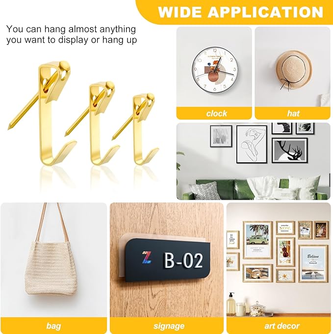Picture Hanging Kit, Goodsnova Picture Hanging Tool with Level for Easy Marking Position, Including 218PCS Instaframe Hanging Kit with Hooks, Nails, Wires, Hammer for Art/ Photos (Yellow)